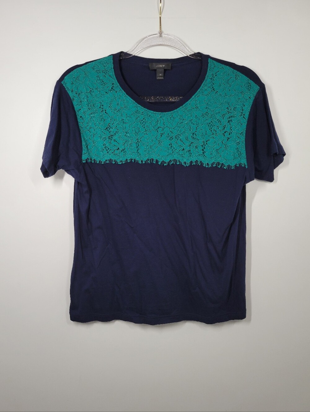 J Crew Navy Blue Teal Lace Cotton Short Sleeve Shirt Women Size Medium